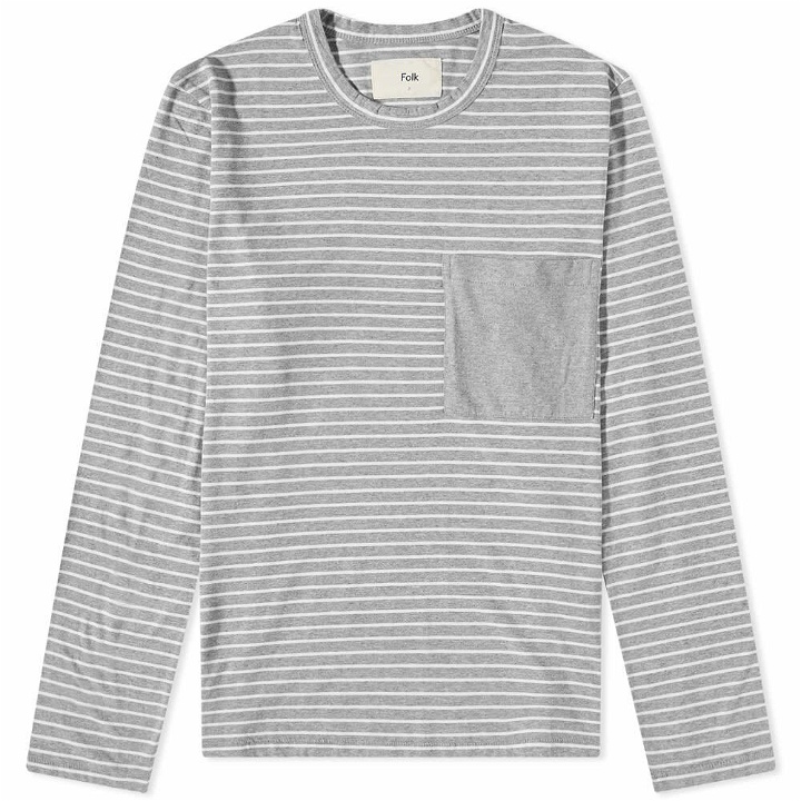Photo: Folk Men's Long Sleeve Stack Stripe T-Shirt in Grey Melange/White