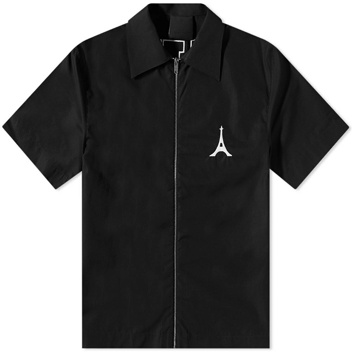 Photo: Givenchy Men's Short Sleeve College Logo Zip Shirt in Black