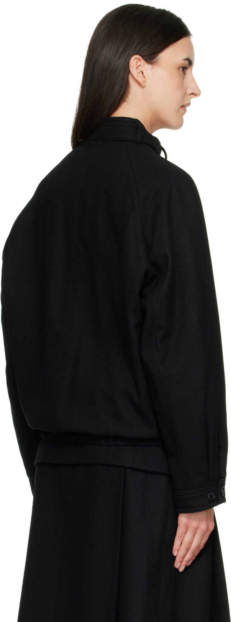 TONYWACK Black Wool Flannel Belted Stand Collar Bomber jacket