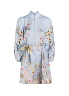 Zimmermann Rebellion Floral Belted Linen Mini Dress Blue