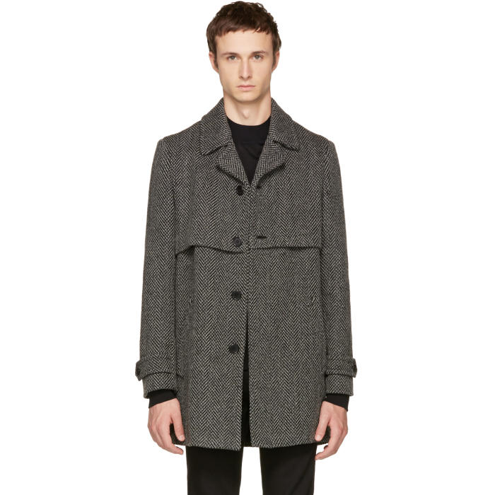 Saint Laurent Grey Herringbone Gun Flap Coat Saint Laurent