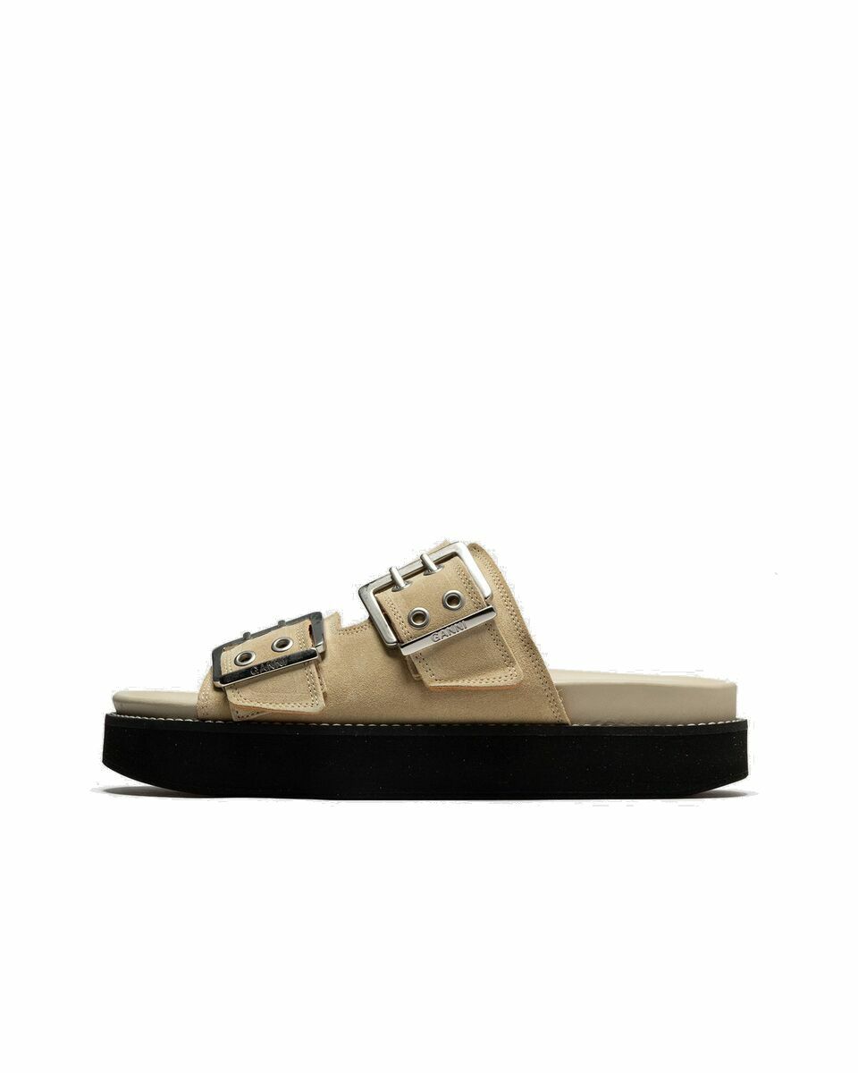 Photo: Ganni Wmns Wide Welt Chunky Buckle Flat Sandal Suede Beige - Womens - Sandals & Slides