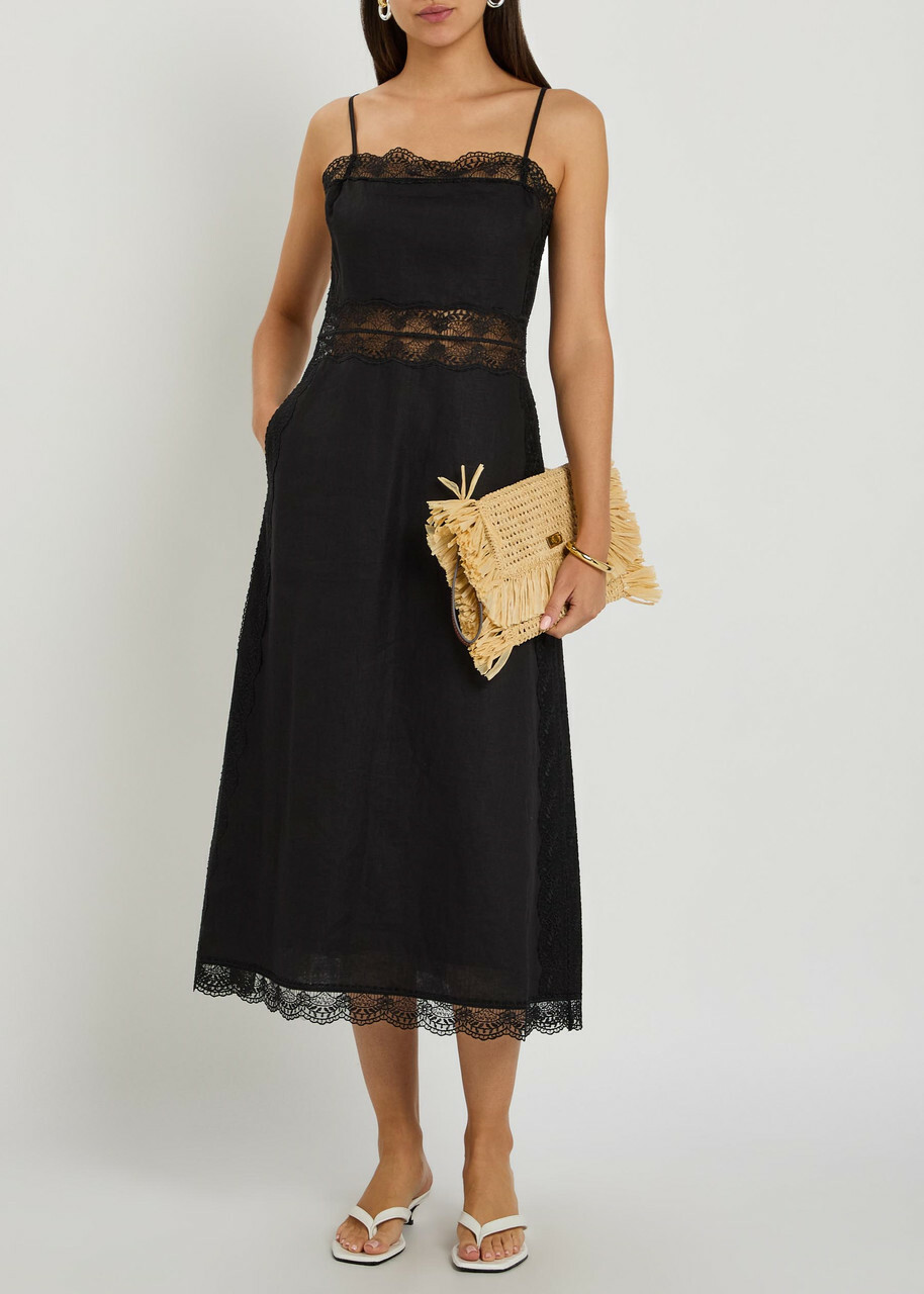 Staud Amalina Lace and Linen Midi Dress Black
