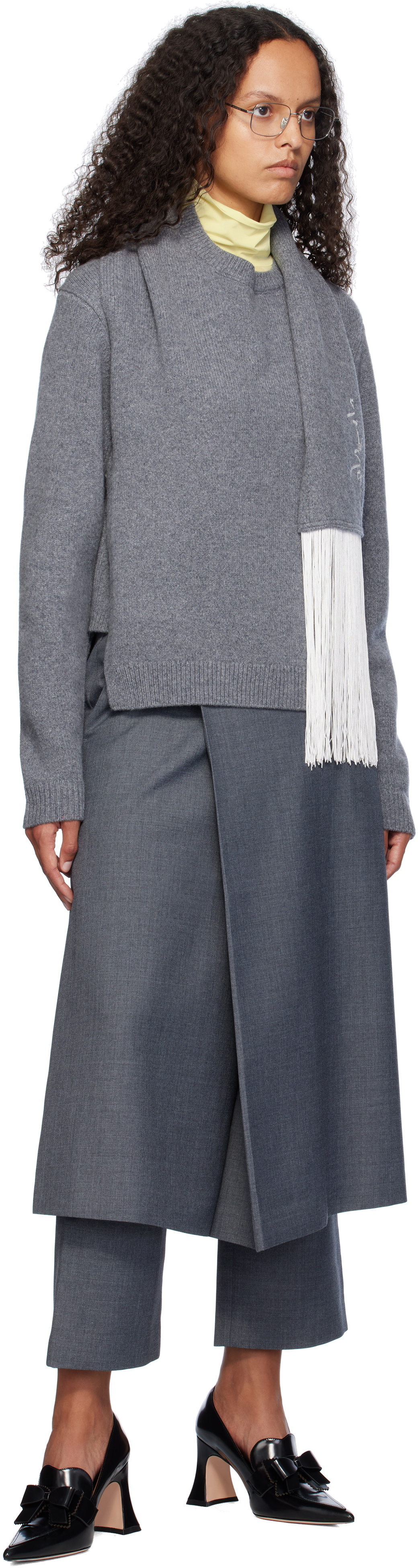 AO Yes Gray Fringed Scarf Sweater