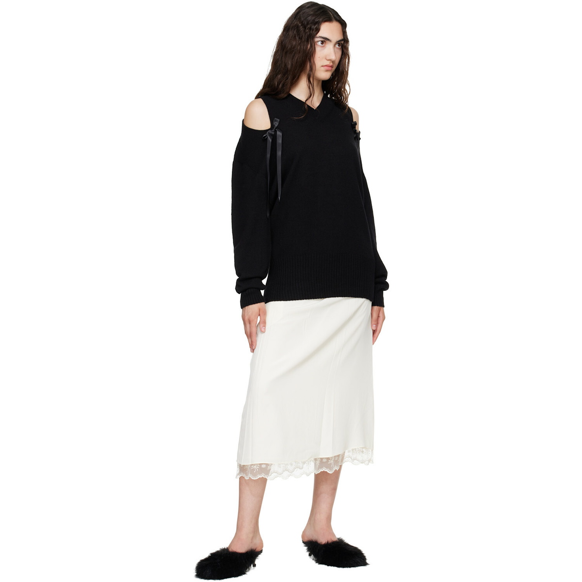 Simone Rocha Black Relaxed Cashmere Slash V-Neck Bow Sweater