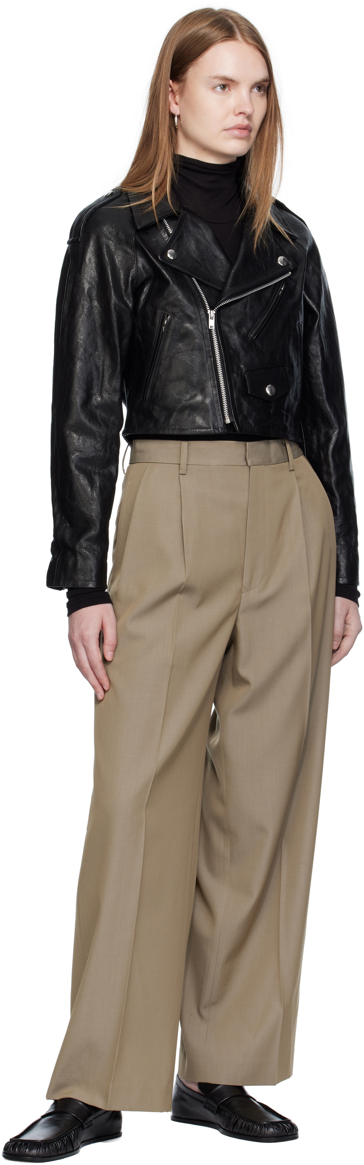 AURALEE Black Cropped Riders Lamb Leather Jacket Auralee