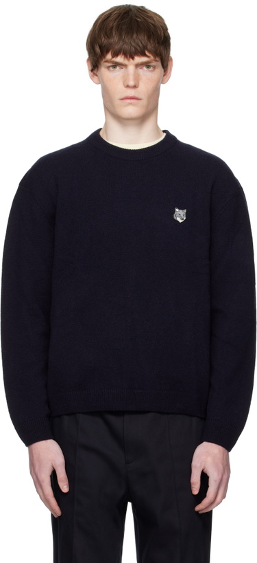 Photo: Maison Kitsuné Navy Fox Head Lambswool Comfort Sweater