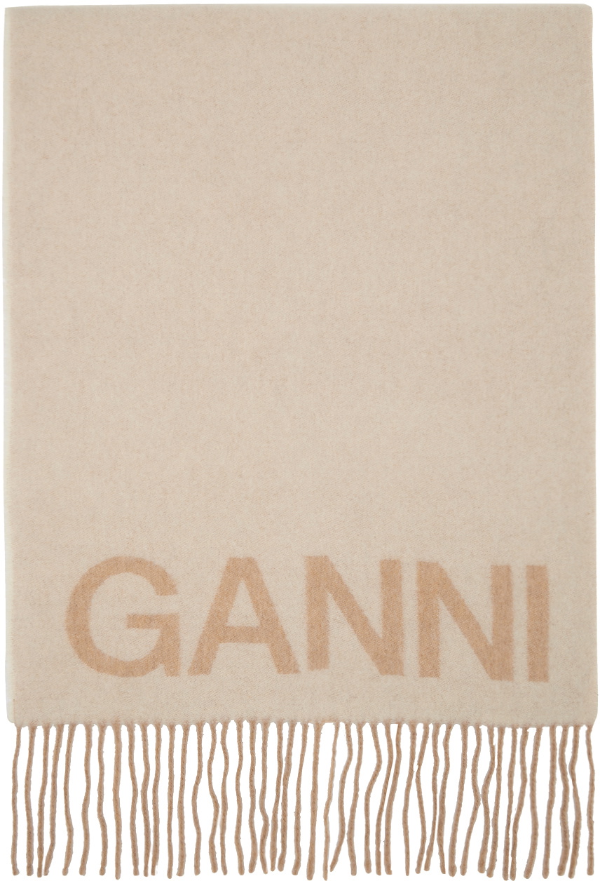 GANNI Beige & Off-White Fringed Wool Scarf