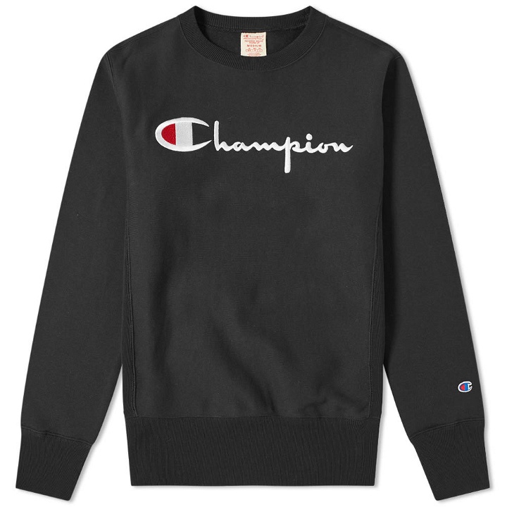 Photo: Champion Reverse Weave Script Logo Crew Sweat Black