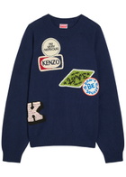 Kenzo Badges Appliquéd Cotton and Wool-blend Jumper Navy