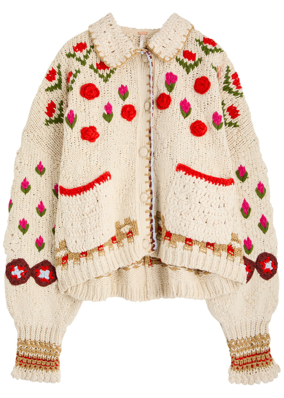 Free People Rosebud Embroidered Cotton-blend Cardigan Beige