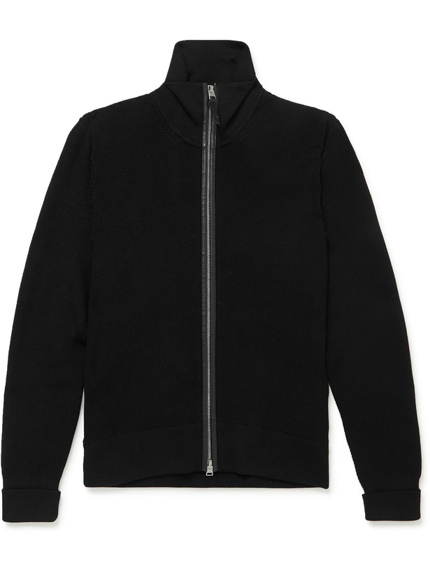 Photo: TOM FORD - Slim-Fit Leather-Trimmed Wool Zip-Up Cardigan - Black