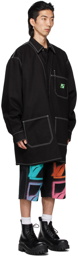 We11done Black Denim Oversized Metal Logo Coat