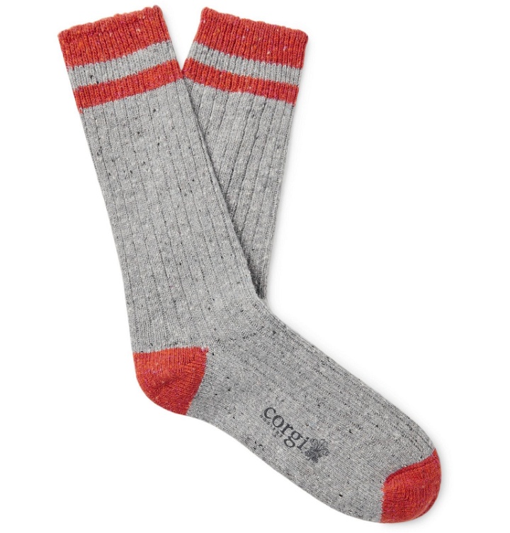 Photo: Corgi - Striped Ribbed Merino Wool, Silk and Cashmere-Blend Socks - Gray