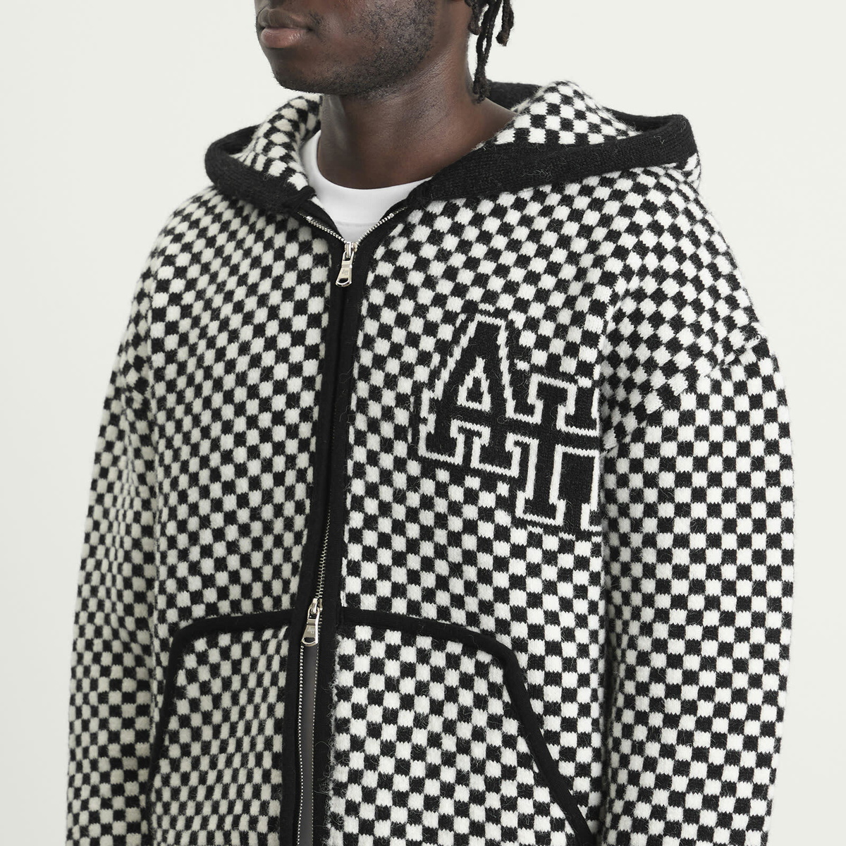 ANNIE HOOD Men's Checked Knitted Jacket in Black/White