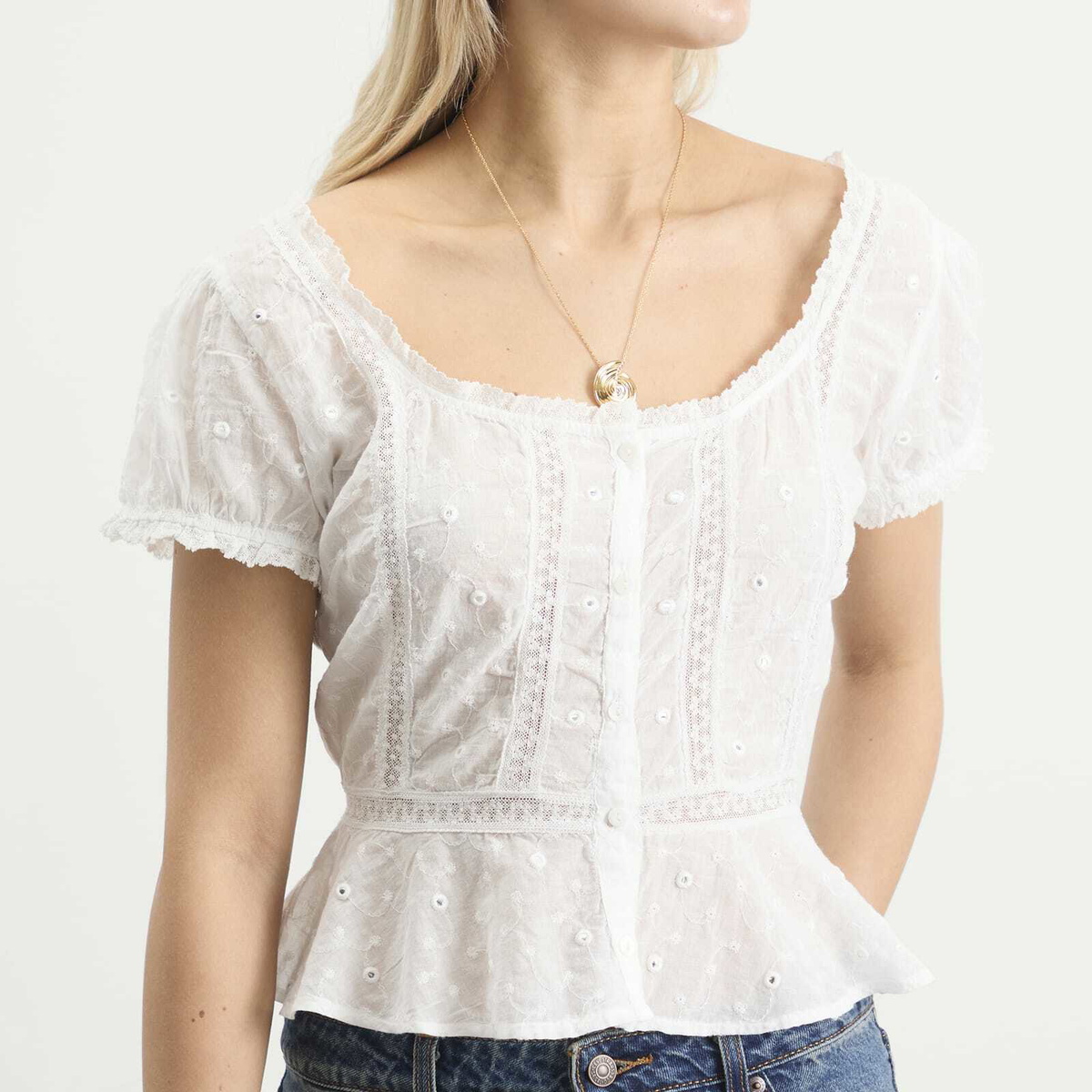 RIXO Women's Sandi Top in Mirror Embellishment Ivory