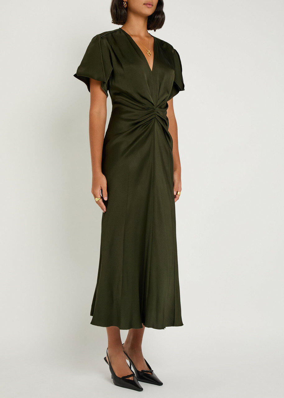 Victoria Beckham Bella Gathered Satin Midi Dress Olive