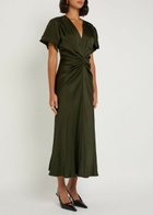 Victoria Beckham Bella Gathered Satin Midi Dress Olive