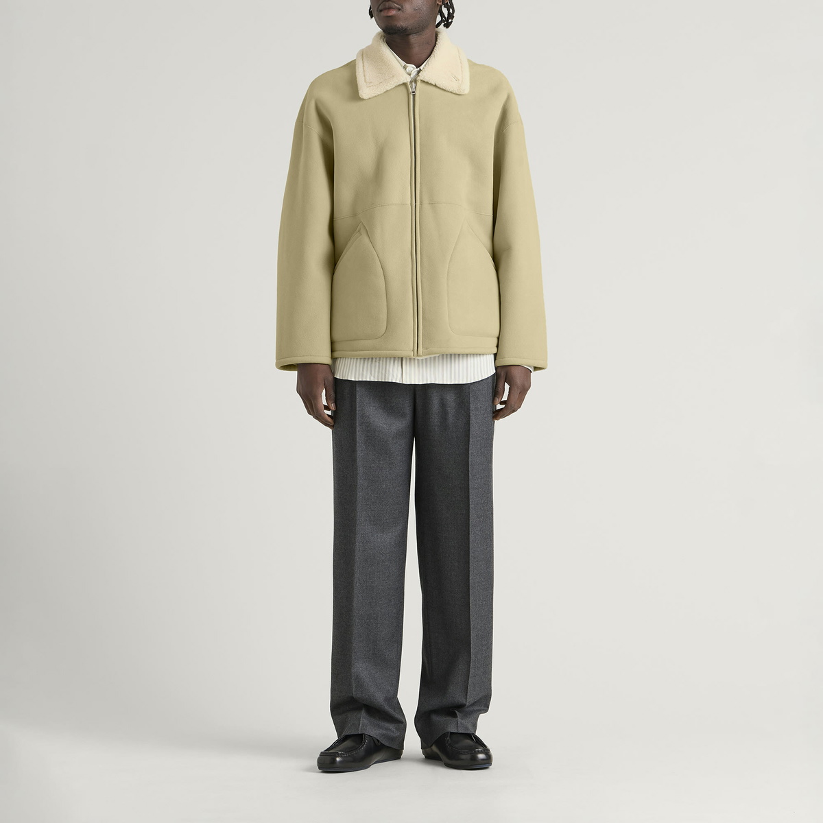 Auralee Men's Shearling Zip Blouson in Ivory Lime