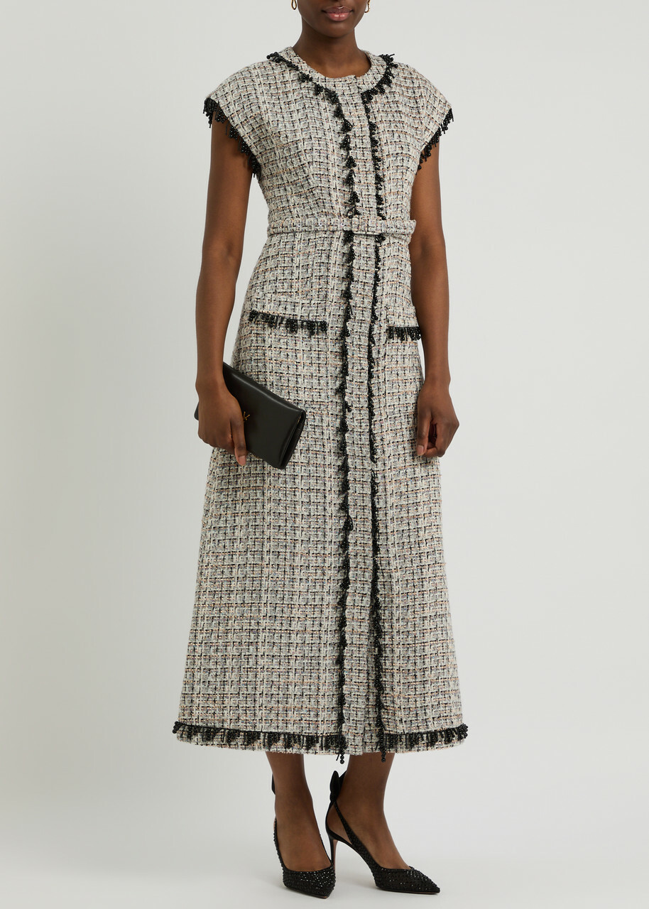 Huishan Zhang Whitney Bead-embellished Tweed Midi Dress Black