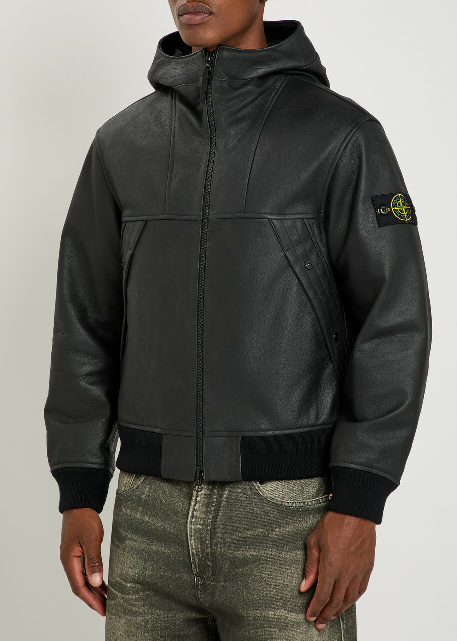 Stone Island Hooded Padded Grained Leather Jacket Black