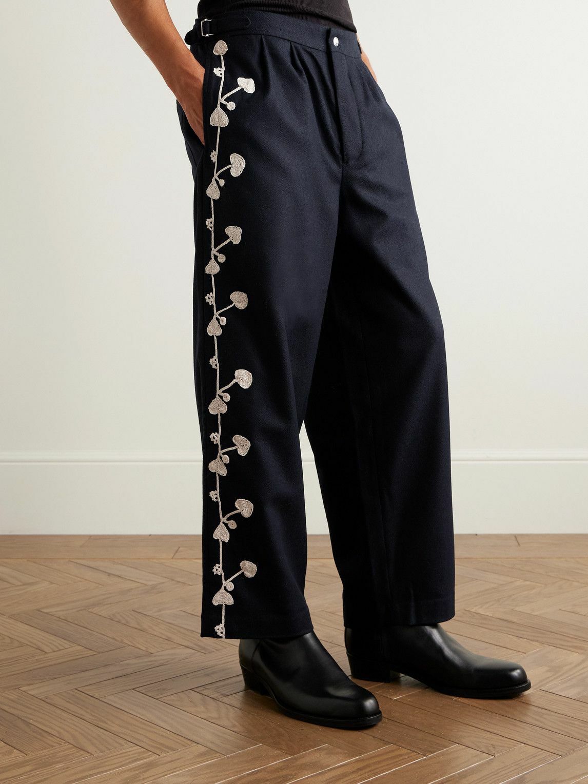 BODE - Snowdrop Straight-Leg Appliquéd Herringbone Wool-Blend Trousers - Blue