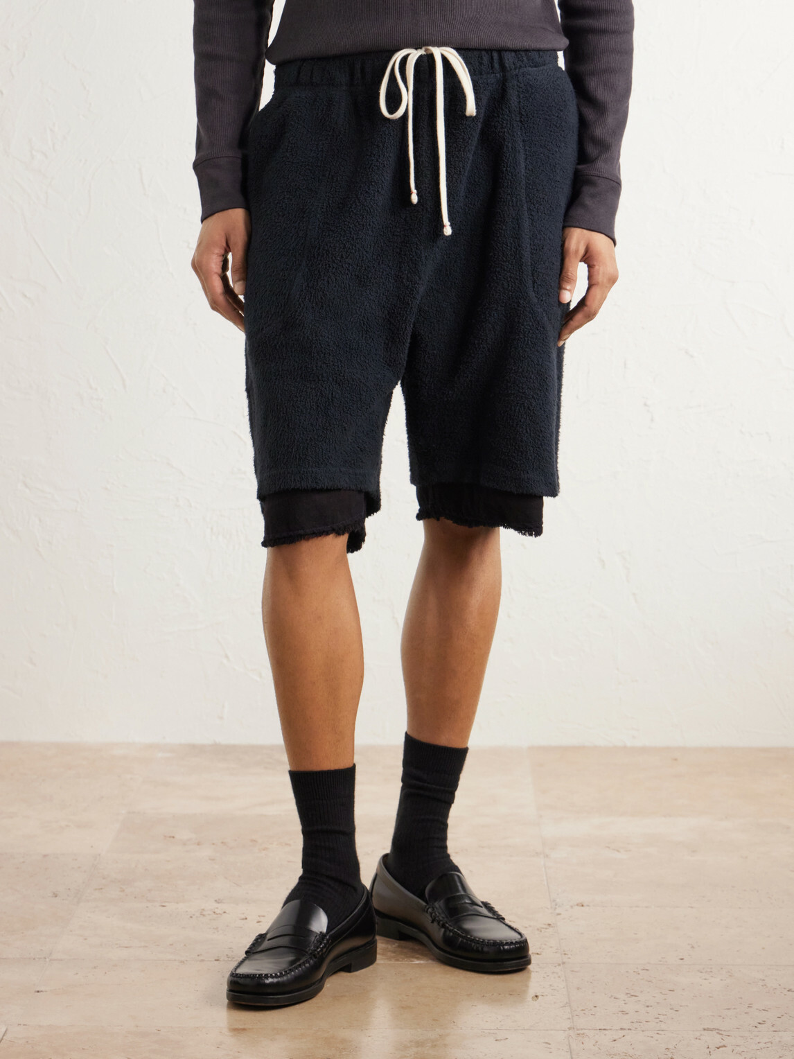 Les Tien - Straight-Leg Cotton-Fleece Drawstring Shorts - Black