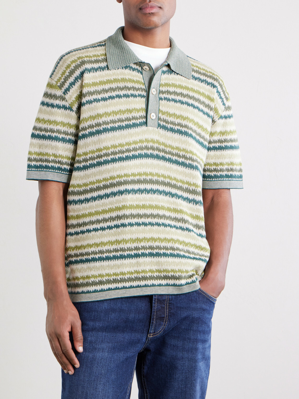 PIACENZA 1733 - Striped Silk and Linen-Blend Polo Shirt - Green