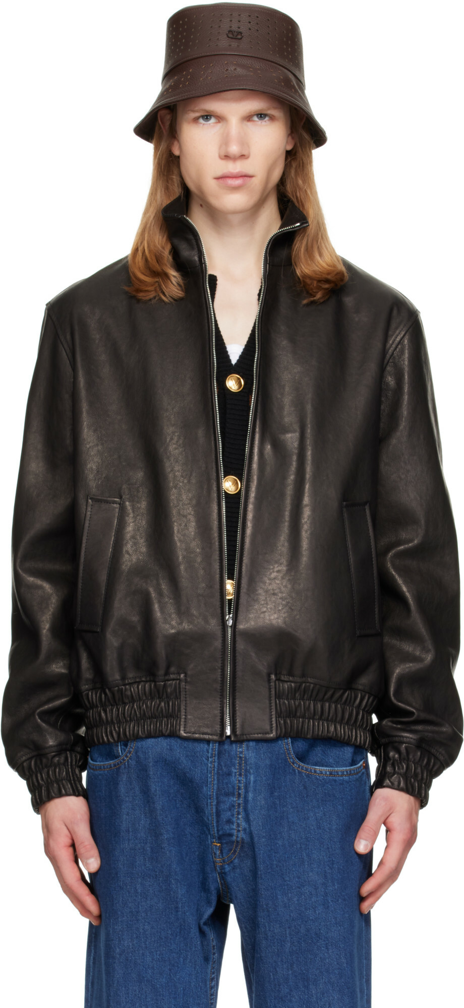 Valentino Black High Neck Leather Jacket