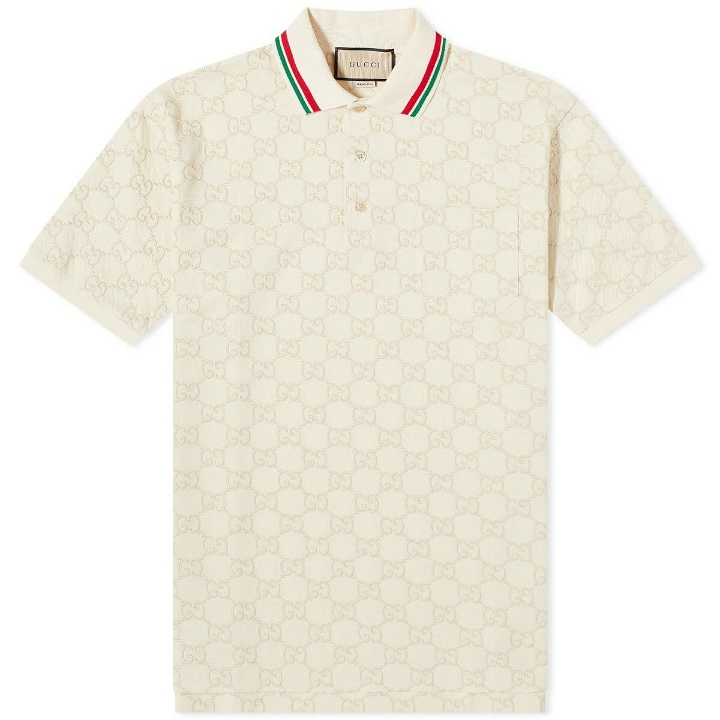 Photo: Gucci Men's GG Jacquard Tipped Polo Shirt in Bone