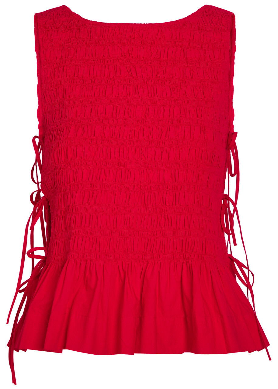 Ganni Smocked Cotton-poplin top Red GANNI