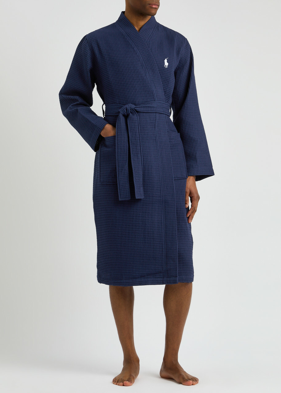 Polo Ralph Lauren Logo-embroidered Waffle-knit Cotton Robe Navy