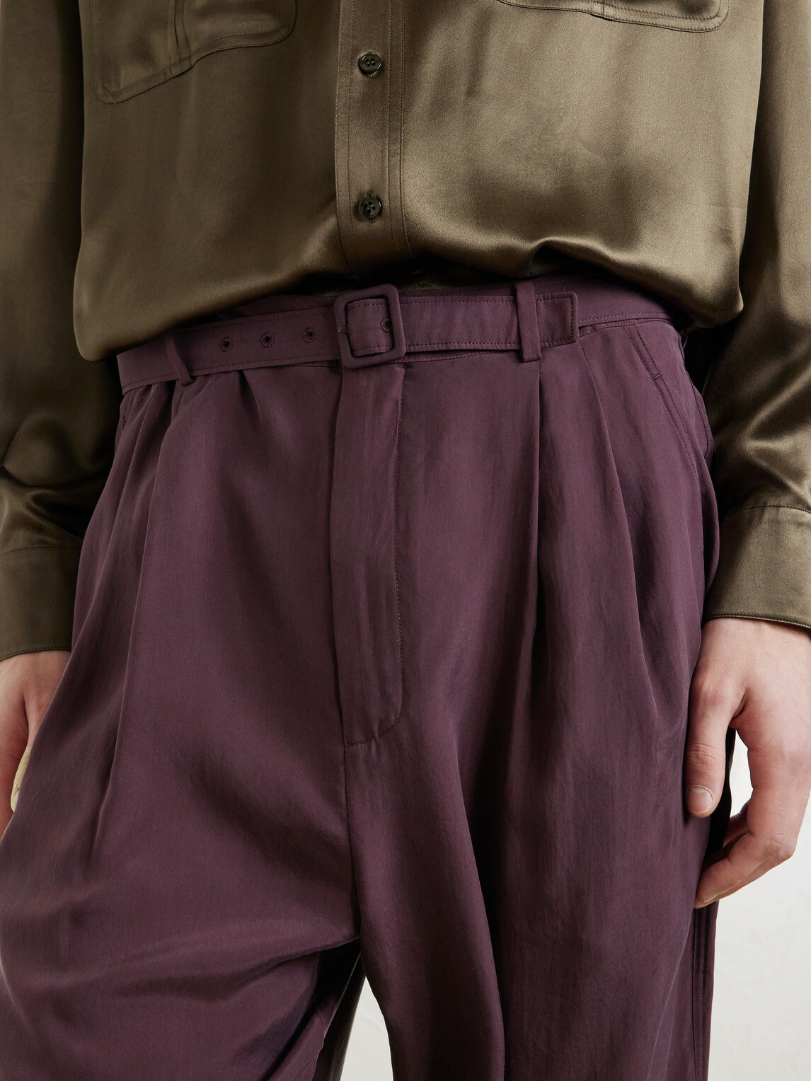 SAINT LAURENT - Tapered Belted Pleated Silk Trousers - Purple