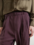 SAINT LAURENT - Tapered Belted Pleated Silk Trousers - Purple