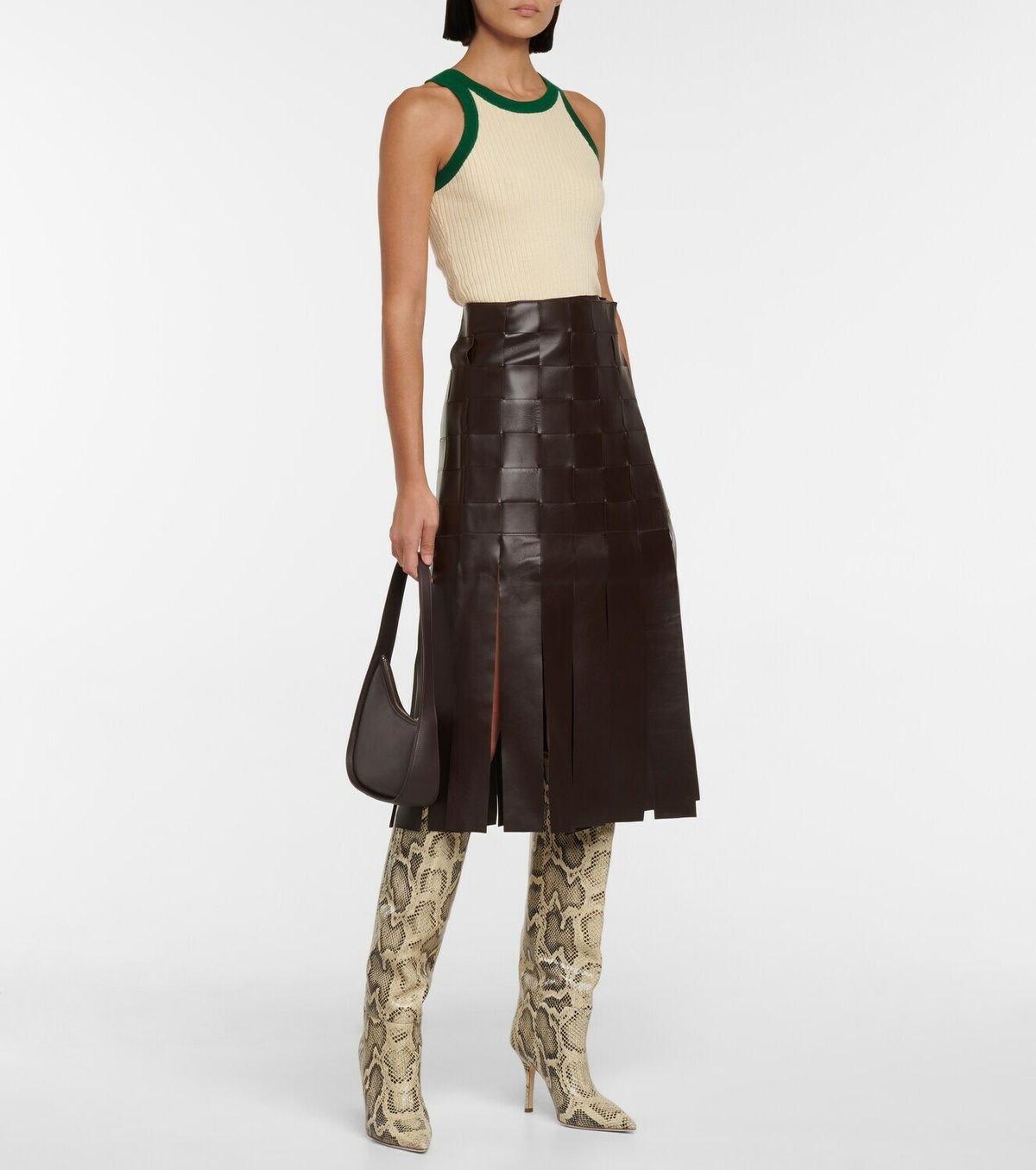 Dodo Bar Or Fringe-trimmed woven leather midi skirt