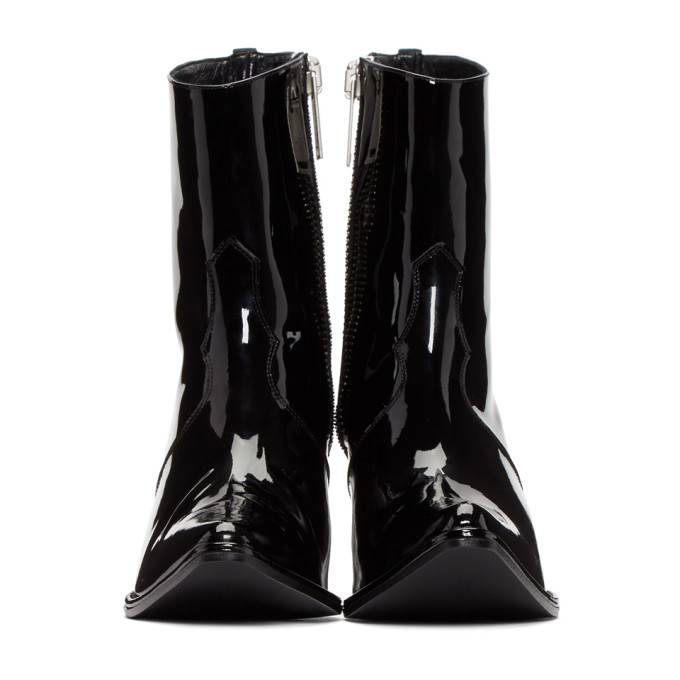 Unravel Black Latex Low Wedge Boots Unravel