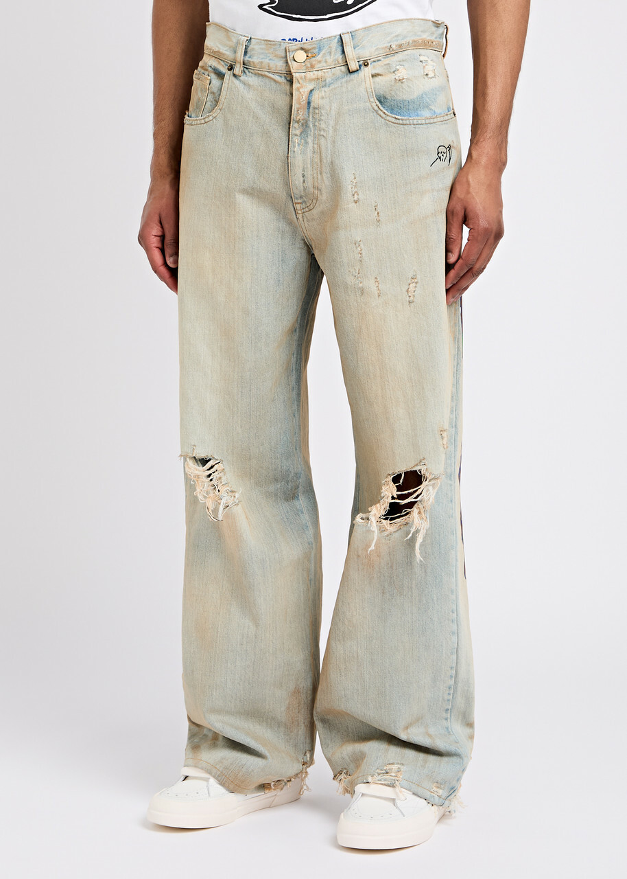 Warren Lotas Distressed Printed Wide-leg Jeans Blue