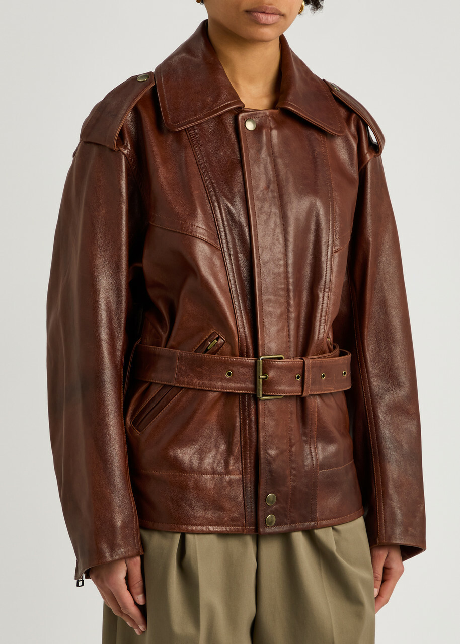 Petar Petrov Superbad Distressed Belted Leather Jacket Dark Brown