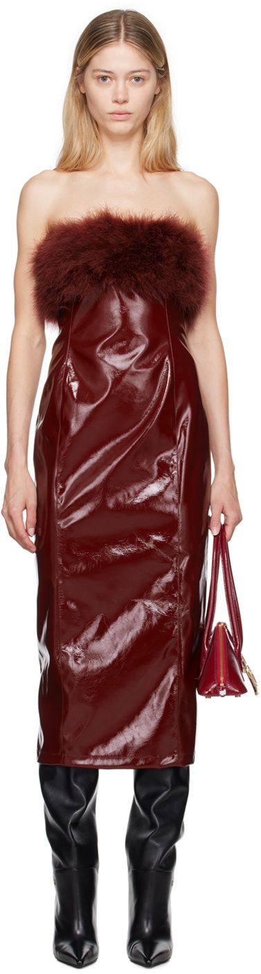 Blumarine Burgundy Marabou Feather Faux-Leather Midi Dress Blumarine