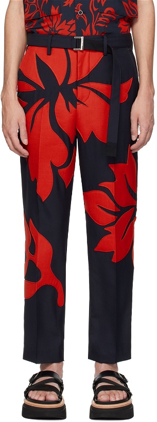 Photo: sacai Navy & Red Floral Appliqué Trousers