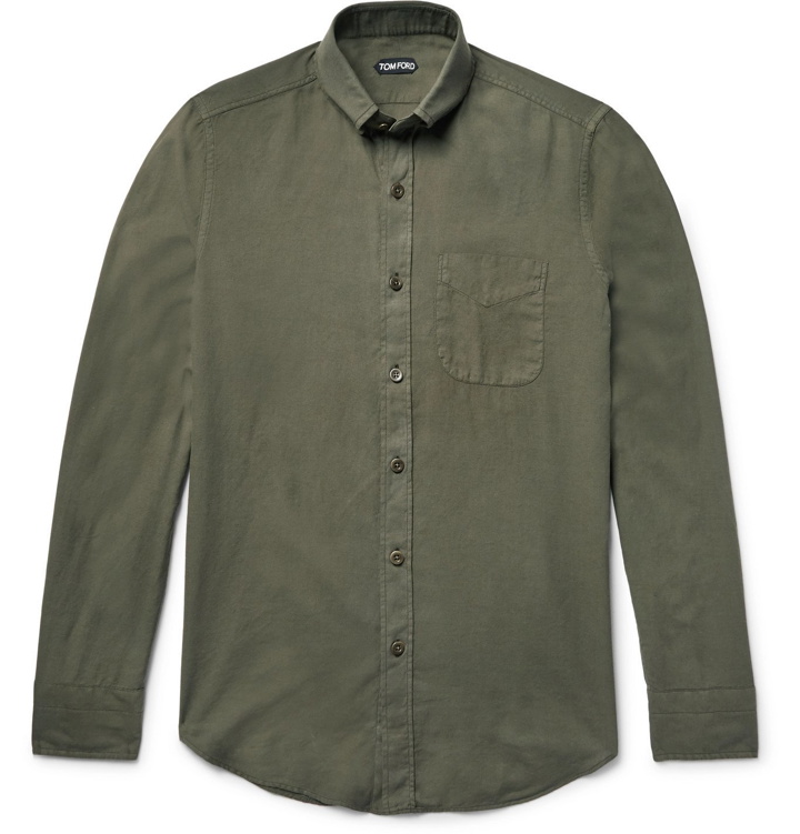 Photo: TOM FORD - Slim-Fit Button-Down Collar Cotton and Cashmere-Blend Twill Shirt - Green