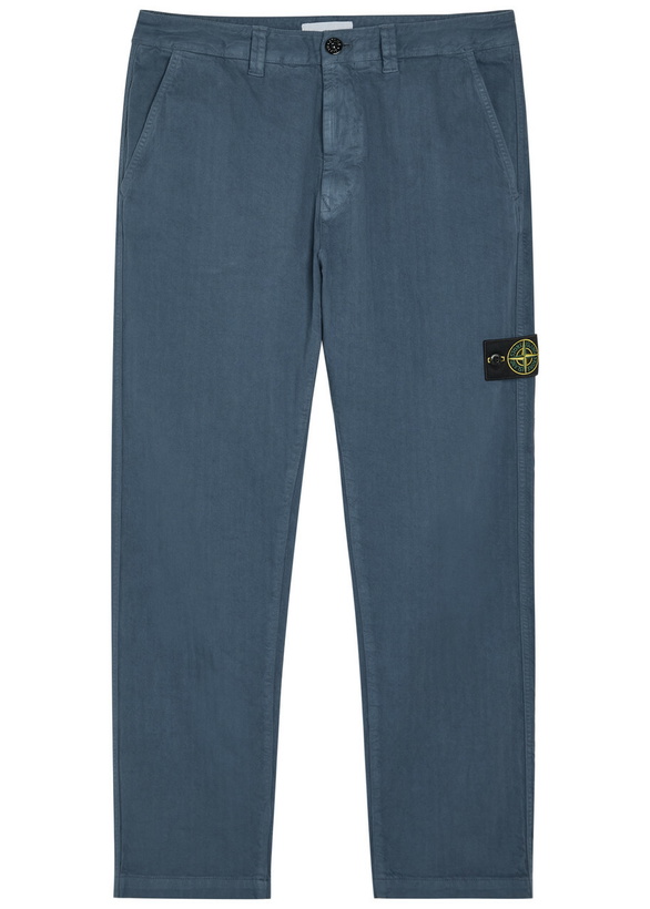 Photo: Stone Island Logo-appliquéd Herringbone Cotton Trousers Blue Dark
