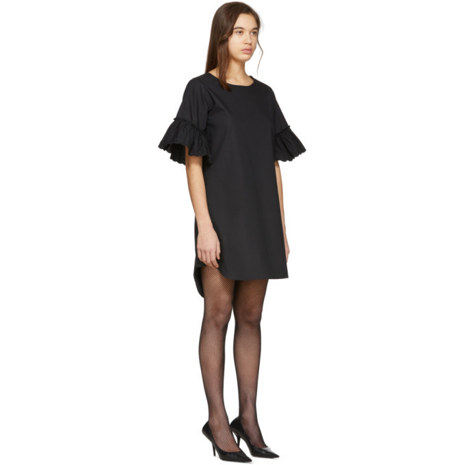 flared sleeve black dress Mac Duggal Crepe Square Neck 3/4 Sleeve Godet Mini Dress