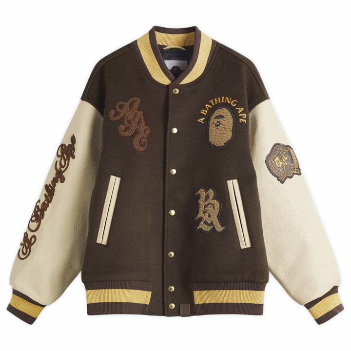 Photo: A Bathing Ape Men's Line Camoulti Logo Wool Varsity Jacket in Brown