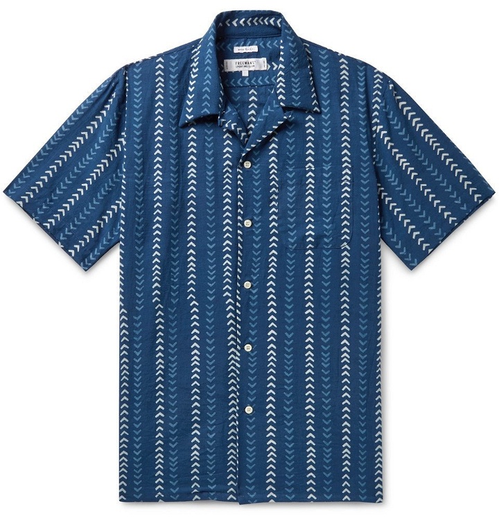 Photo: Freemans Sporting Club - Camp-Collar Indigo-Dyed Printed Cotton Shirt - Indigo
