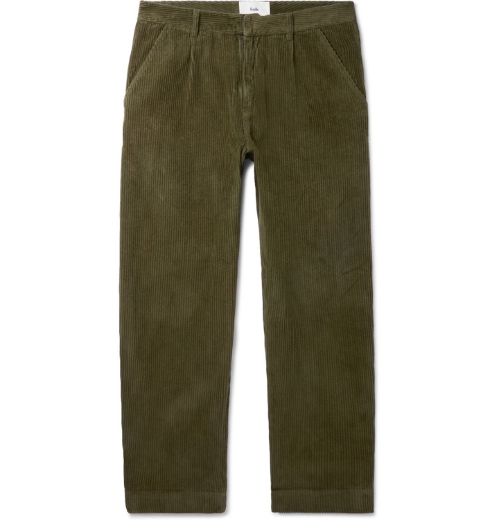 Photo: Folk - Signal Tapered Cropped Pleated Cotton-Corduroy Trousers - Green