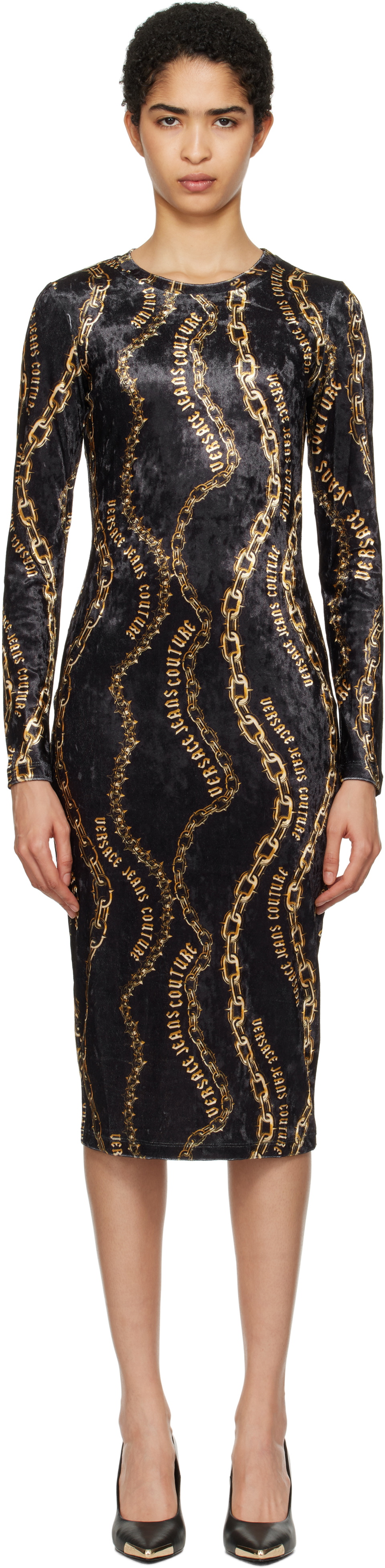 Versace Jeans Couture Black Chain Couture Velvet Midi Dress Versace