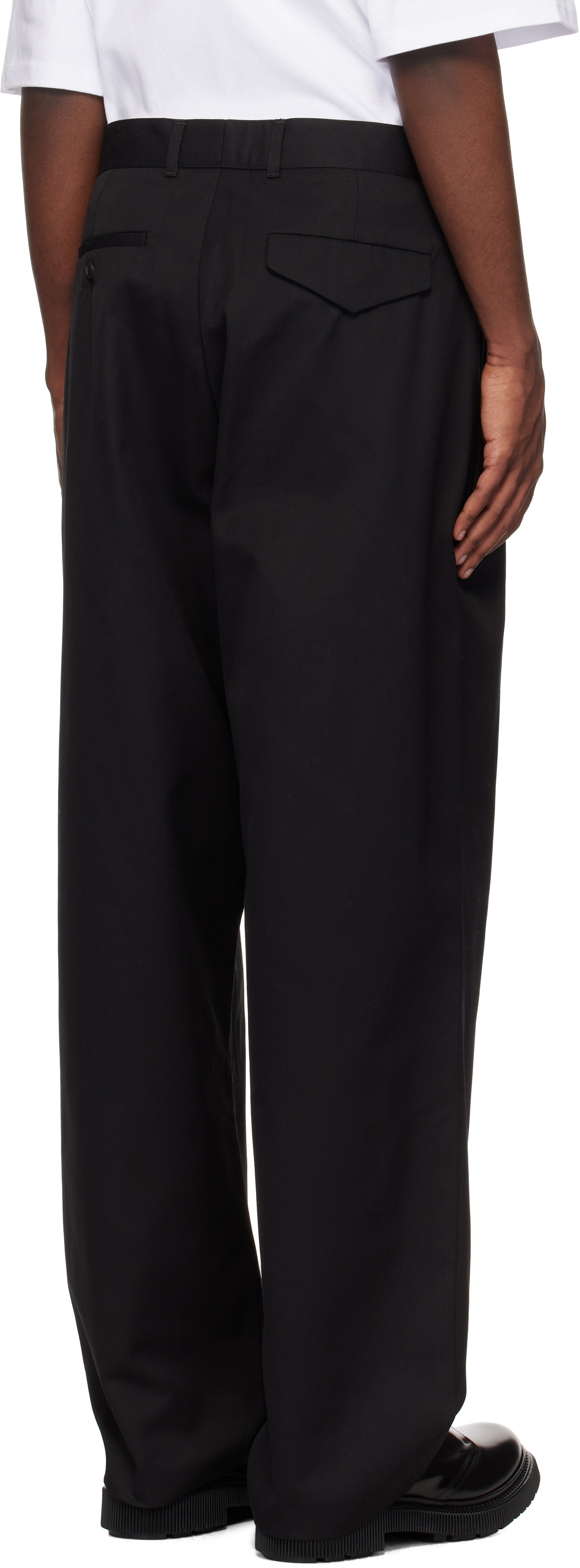 Lownn Black Cotton Gabardine Double Pleated Wide Trousers