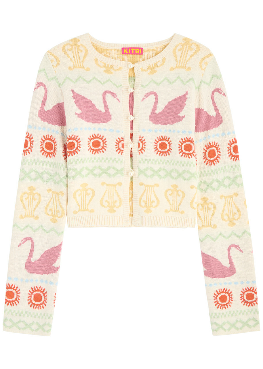 Kitri Carmel Swan-intarsia Cotton-blend Cardigan Ivory
