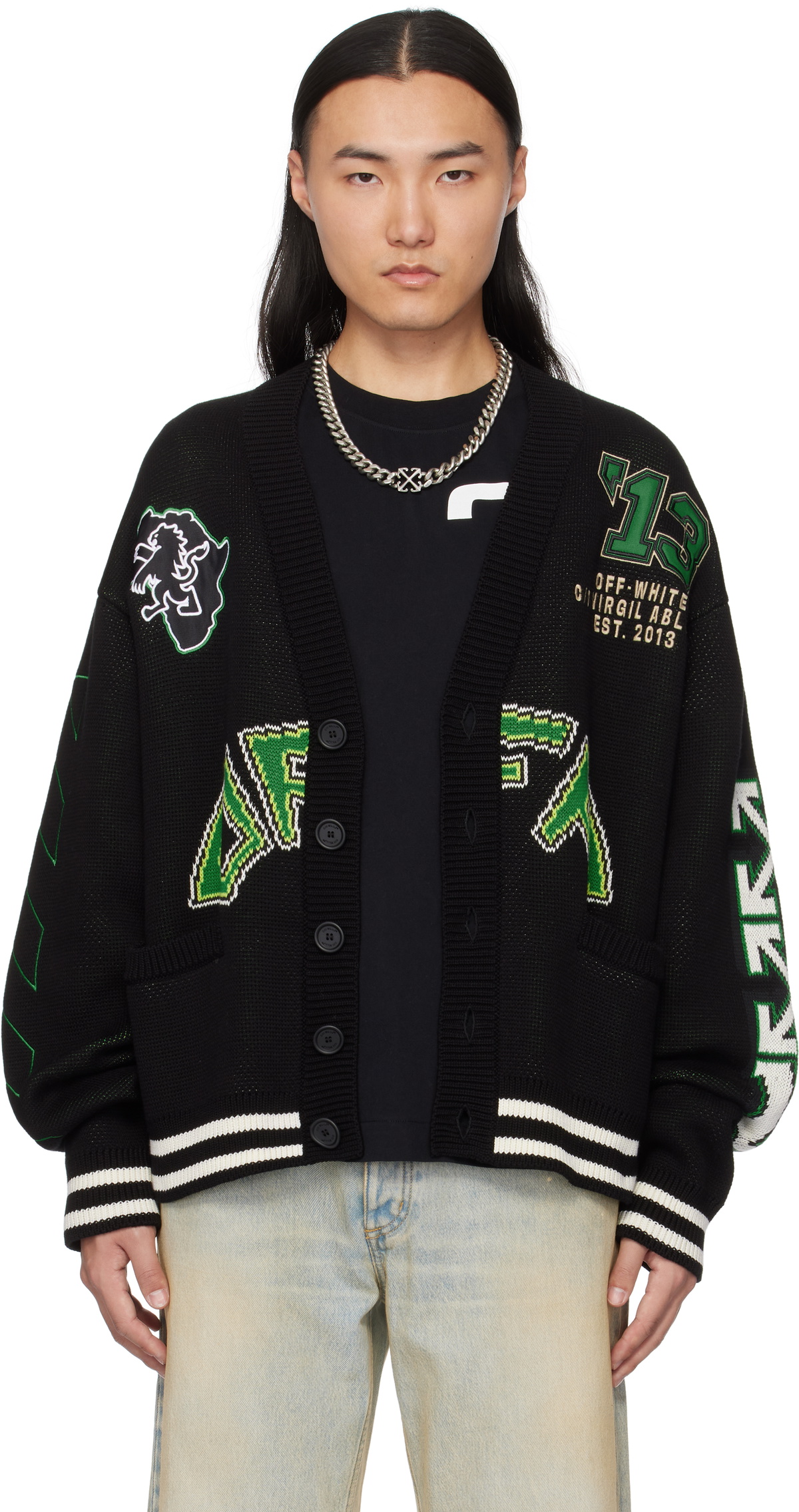 BTS VARSITY CARDIGAN 01 ブラック Fサイズ Off-White Black Crocodile Varsity Cardigan Off-White